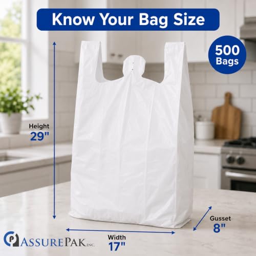 ASSUREPAK White Unprinted HDPE Bags, 17" x 8" x 29", 18 Micron, 500 Count