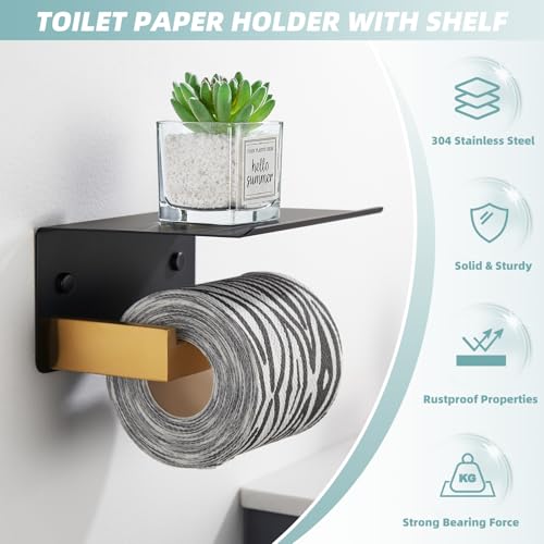 APLusee Black and Gold Toilet Paper Holder with Storage Shelf, Wall Mounted - color: Black With Gold, size: Single Rod
