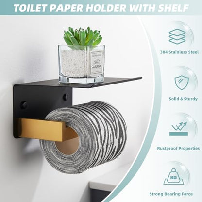 APLusee Black and Gold Toilet Paper Holder with Storage Shelf, Wall Mounted - color: Black With Gold, size: Single Rod