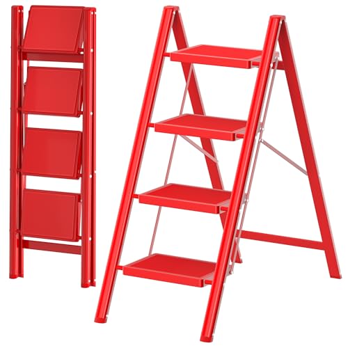 DIAMONDFORGE 4 Step Ladder, Folding Step Stool with Anti-Slip Wide Pedal, Soft Handle, Anti-Slip Feet, Sturdiest Steel Construction, 800lbs Capacity Steel Ladder for Home and Office, Red - color: Red, size: 4 Step