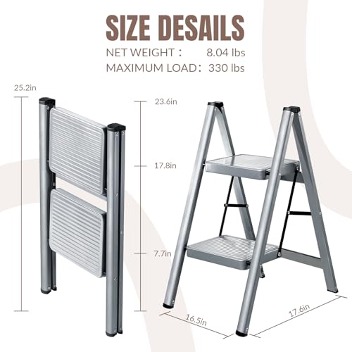 XinSunho 2 Step Ladder, Steel Folding Step Stool with 330lbs Heavy Duty - size: 2 step