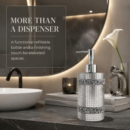 Silver Soap Dispenser，Mosaic Glass Decoration, 12oz Refillable - size: Soap Dispenser
