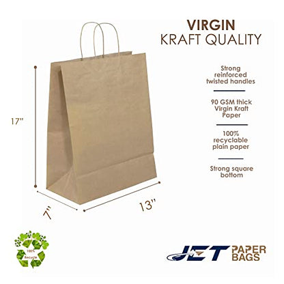 JET PAPER BAGS - 13”x7”x17” Inch [250 Pcs] Large Brown Paper Bags with Handles Prime for Takeout, Grocery, Goody, Retail, Party, Gifts, Weddings - color: 13" x 7" x 17"