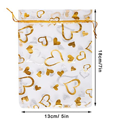 Bskifnn 100PCS Heart Printed Organza Bags Gift Jewelry Candy Bags for Wedding Valentine's Day Mother's Day Party Christmas 5x7Inch (White) - color: White