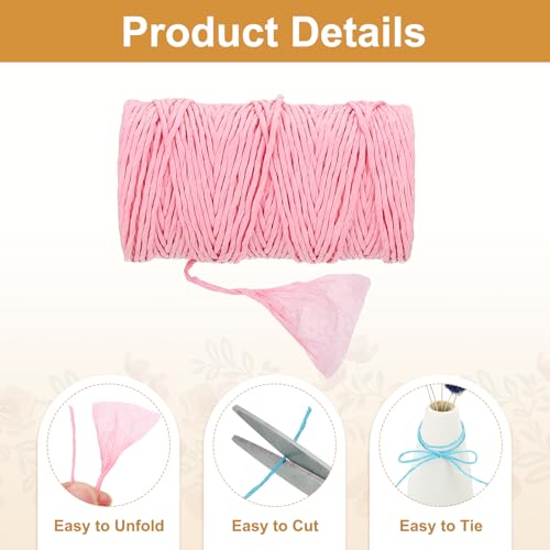 Generic Pink Raffia Ribbon,98 Yard Natural Raffia Paper String 2mm Wide Twisted Raffia Yarn Twine for Gift Wrapping Crocheting Knitting DIY Crafts