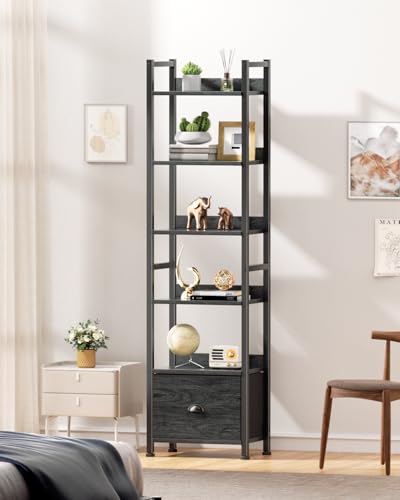 Furologee 6 Tier Bookshelf with Drawer, Tall Narrow Bookcase, Black Oak - color: Black Oak, size: 6 Tier