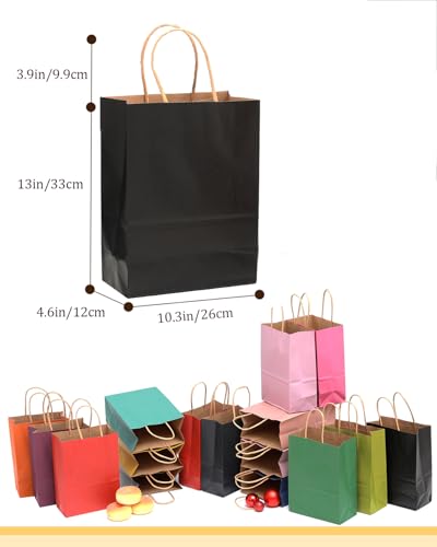 qiqee 100Pcs Large Size Paper Gift Bags with Handles -13"x10.3"x4.6" Kraft Small Party Bags - 16 Solid Colors - size: 100 Count (Large Size)