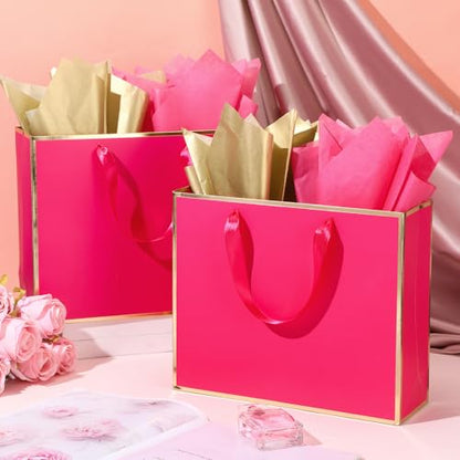 ReliThick 12 Pack Paper Gift Bag with Handles & Tissue, Hot Pink, Gold - color: Hot Pink, Gold