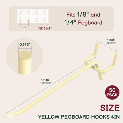 50-Pack Yellow Pegboard Hooks 4 Inch - Fits 1/8 and 1/4 Inch Boards - color: Yellow, size: 4 Inch