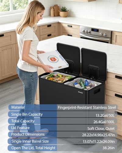 Dual Trash and Recycling Bins for Kitchen, 2*13.2 Gal Dual Trash Can, Black - color: Black, size: 2 * 13.2 Gallon