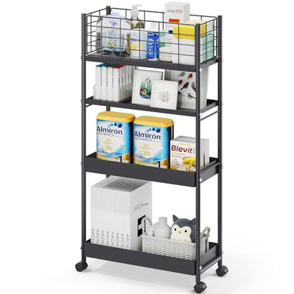 KINGRACK 4 Tier Slim Rolling Cart, Metal Utility Storage Cart with Wheels - color: Black, size: 4-Tier