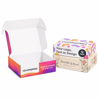 Personalized Mailer Box, Add Logo or Text, 12" x 10" x 4", 12 Pack, White Cardboard Gift Box, Medium Corrugated, Shipping Boxes for Small Business, Custom Packaging, Subscription Box - size: 12" x 10" x 4"