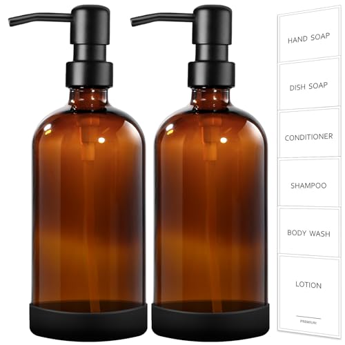 GMISUN Amber Glass Soap Dispenser with Silicone Sleeve Boot, 2 Pack Bathroom Hand Soap Dispensers with Pump, 17 Fl Oz Kitchen Hand and Dish Soap Dispenser Set, Liquid Soap Dispensers Bottle - color: Amber Bottle + Black Pump + Silicone Boot, size: 2 Pack