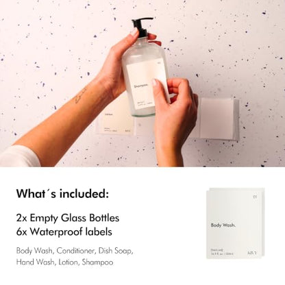 KIVY Glass Soap Dispenser Set 2X 16oz - incl. Waterproof Labels - with Pump - color: Glass