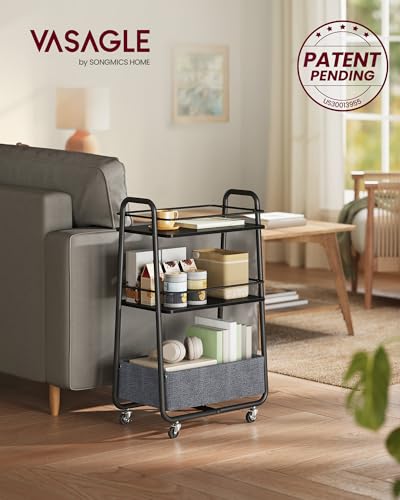 VASAGLE Storage Cart with Fabric Basket, 3-Tier Rolling Utility Cart - color: Ebony Black + Slate Gray, style: 16.9"D x 11.8"W x 31.9"H
