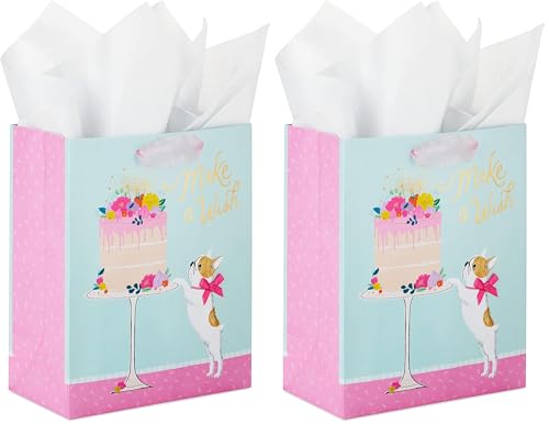 Hallmark 9" Medium Birthday Gift Bag with Tissue Paper (Make a Wish Cake and Pug Puppy) (Pack of 2) - size: 1 count (Pack of 2), style: Dog with Cake