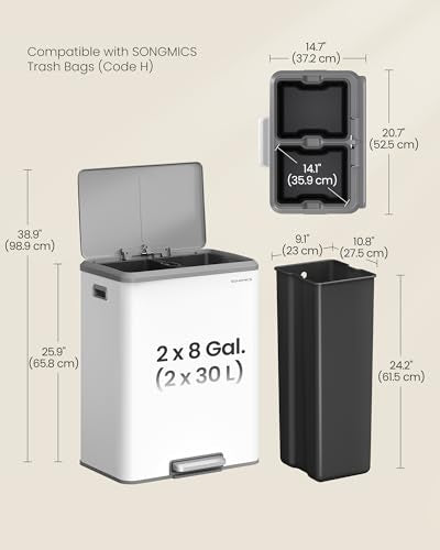 SONGMICS Trash Can, 2 x 8 Gallon (2 x 30 L), Stainless Steel - color: Cloud White
