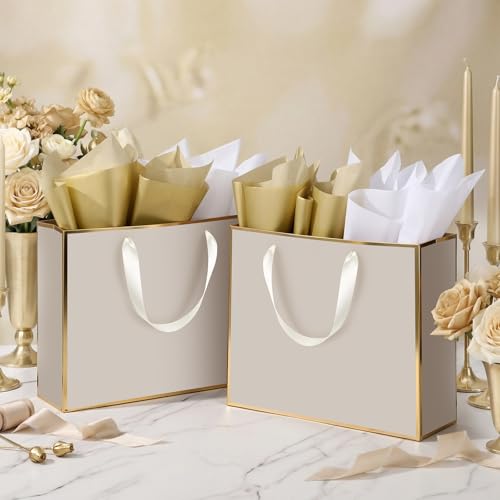 ReliThick 12 Pack Paper Gift Bag with Handles & Tissue, Champagne, Gold - color: Champagne, Gold