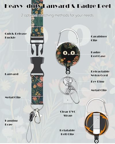 Uniclife Fashionable Sliding Badge Holder Grass Cat Pattern Plastic Card Holder with Retractable Badge Reel Carabiner & Detachable Lanyard Vertical Card Protector for Office Worker Teacher Student - color: Grass Cat Pattern