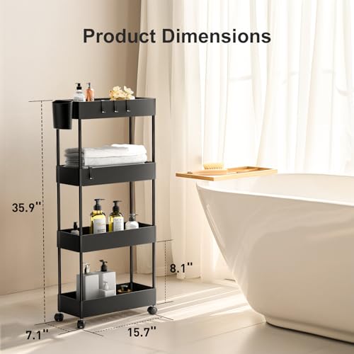 Pipishell 4 Tier Slim Storage Cart with Wheels, Laundry Cart, Black - color: Black, size: 4-Tier
