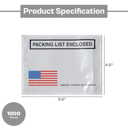PSBM Bulk 1000 Pack 4 1/2" x 5 1/2" Back Loading Packing List Envelopes, Self-Adhesive USA Panel for E-Commerce Orders - size: 4.5 Inch x 5.5 Inch USA / Back Side Load