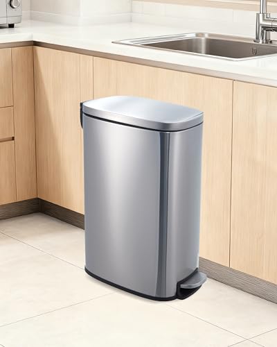 13 Gallon Stainless Steel Indoor Recycling Bin – Removable Inner Bucket, Soft-Close Step Pedal Lid, Fingerprint Resistant, Narrow Trash Can for Kitchen, Bathroom, Office - color: Silver