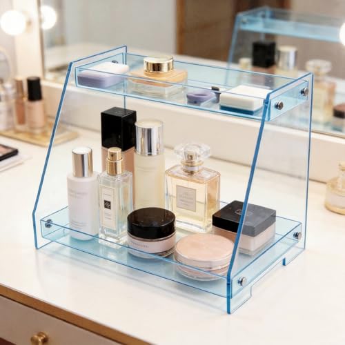 ROYALITA 2 Tier Shelf Bathroom Countertop Organizer Makeup Display Shelf - color: Blue