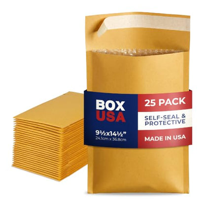BOX USA 9 1/2 x 14 1/2" Kraft Bubble Mailers (25-Pack) - Brown Padded Envelopes, Self-Seal Shipping Bags for Small Business, Heavy Duty Cushioned Mailing Envelopes for Packaging and Shipping - size: 9-1/2x14" (25-Pack)