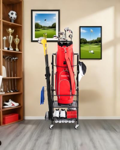 FHXZH Golf Bag Storage Garage Organizer - Golf Bag Stand with Wheels - color: Black - With Bottom Drawer Basket