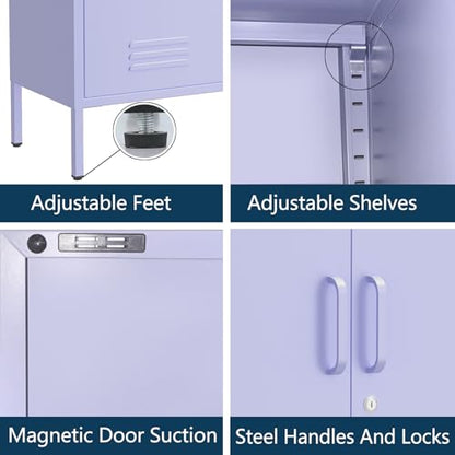Metal Armoire Wardrobe Closet, 67" Tall Purple Lockable Wardrobe Cabinet with 2 Doors, Hanging Rod and Adjustable Shelves, Steel Clothing Storage Cabinet for Bedroom, Home, Cloak Room, Gym, Office - color: Lilac, style: Wardrobe-67"H-JS