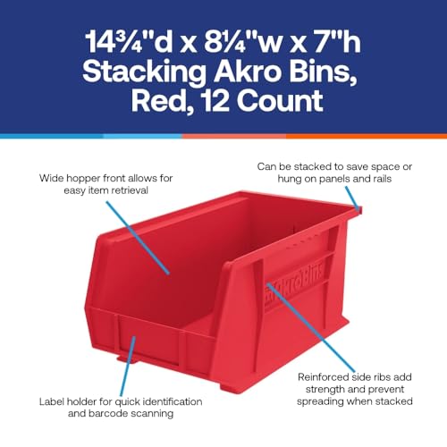 SI Shelving Inc. 14¾"d x 8¼"w x 7" h Stacking Akro Bins, Red, 12 Count