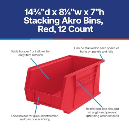 SI Shelving Inc. 14¾"d x 8¼"w x 7" h Stacking Akro Bins, Red, 12 Count