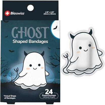 BioSwiss Bandages, Halloween Ghost Shaped Self Adhesive Bandage Set, Latex Free, Sterile Wound Care, 24 Count - size: 24-Count Box, style: Ghost