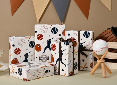 Sikiweiter Baseball Wrapping Paper Roll - 17" x 16.5 ft - Sports Themed Gift Wrap with Baseballs, Bats, Gloves & Player Silhouettes for Birthdays, Team Celebrations, and Baseball Fans(Baseball) - color: Baseball