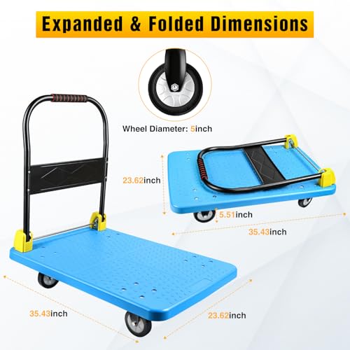 Heavy Duty Platform Cart 1100 lbs Push Cart Dolly with 5 Inch TPR Wheels 35.4 x 23.6 Inch PP Deck Flatbed Cart Platform Truck for Home Garage Warehouse Use Black - color: 1100 Lbs|blue|36x24 Inch