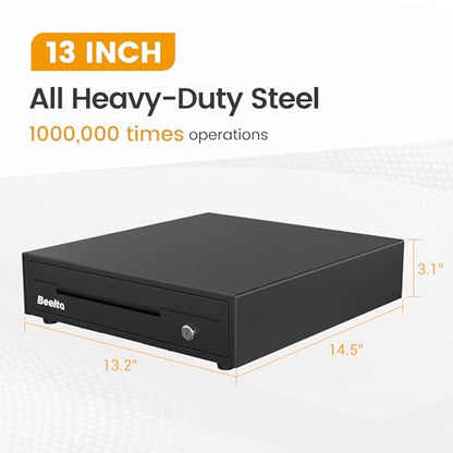 13" Cash Register Drawer for Small Business, 4 Bill/5 Coin with Check Slot, Steel Construction, Works with POS, Includes Keys & RJ11/12 Cable, Black - color: Black