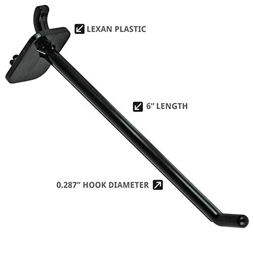 Azar Displays 800006-B Pack of 50 Black Pegboard Hooks (Also Available in White & Clear) - 6” Pegboard Hook Set (2” & 4” Pegboard J Hooks Also Available) - Polycarbonate Plastic Hooks for Retail - color: Black, size: 6 Inch