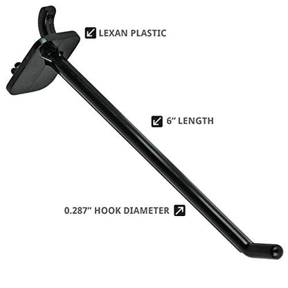 Azar Displays 800006-B Pack of 50 Black Pegboard Hooks (Also Available in White & Clear) - 6” Pegboard Hook Set (2” & 4” Pegboard J Hooks Also Available) - Polycarbonate Plastic Hooks for Retail - color: Black, size: 6 Inch