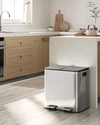GarveeHome 2 x 4 gal Stainless Steel Double Trash Can with Lid for Kitchen, Large Dual Trash and Recycle Bin Combo, Step-on Kitchen Metal Garbage Cans, PP Inner Buckets, Liner Rim, Silver - color: Silver, size: 2 x 4 gallon