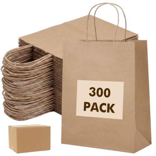 OUTUXED 300pcs 8x4x10in Brown Paper Bags with Handles, Kraft Gift Bags - color: Brown 8x4x10in, size: 1 Count (Pack of 300)