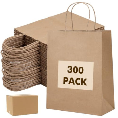 OUTUXED 300pcs 8x4x10in Brown Paper Bags with Handles, Kraft Gift Bags - color: Brown 8x4x10in, size: 1 Count (Pack of 300)