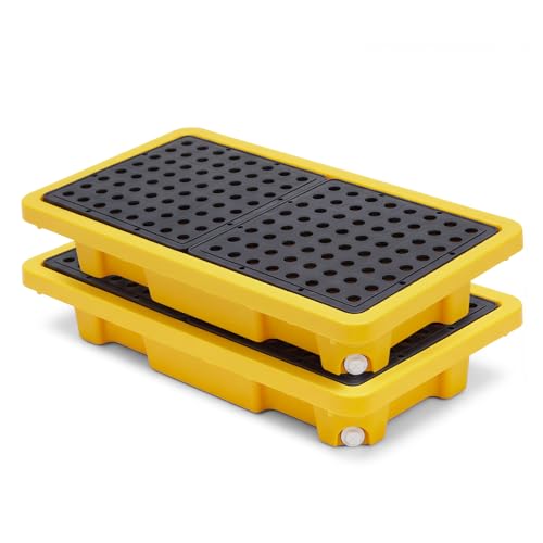 2 Pcs Spill Containment Pallet, 2-Drum Plastic Platform with Drain Outlet, 2000Lbs Load 26”x14”x4.7”, Leakproof Stackable Tray for Garage/Kitchen/Basement/Industrial Storage