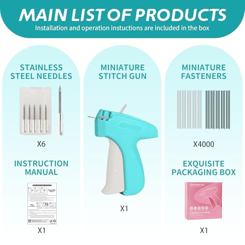 Mini Stitch Gun Kit, Stitchy Gun,Quick Clothing Fixer,Tagging Gun for Clothing, Mini Sewing Micro Tagging Gun - Includes 6 Needle2000 Black Fasteners & 2000 White Fasteners (Blue)