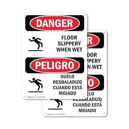 (2 Pack) Floor Slippery When Wet Bilingual OSHA Danger Sign 7 Inch X 10 Inch Plastic Sign, Weather Resistant, UV Protected for Workplace, Business, and Construction Site, Made in the USA