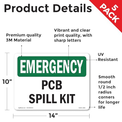 PCB Spill Kit OSHA Emergency Vinyl Decal Label 14 Inch x 10 Inch - 5 Pack - color: Vinyl Decal, size: 5 Pack of 14" x 10"