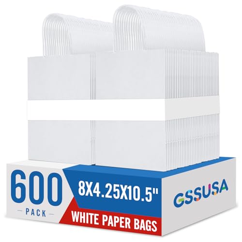 GSSUSA 600 Pack 8x4.25x10.5'' Paper Bags with Handles Bulk, White Paper Gift Bags for Small Business - color: White, size: 8x4.25x10.5 Inch (Pack of 600)