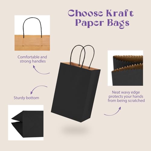 MESHA Black Gift Bags 50 Pack 5.25x3.75x8'' Small Paper Bags with Handles - color: Black, size: 1 Count (Pack of 1)