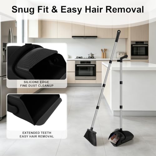 TNELTUEB Broom and Dustpan Set, 51" Long Handle Broom with Built-in Comb - color: Black, size: Standard
