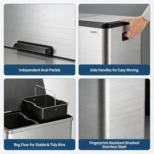 10.5 Gal Dual Compartment Stainless Steel Kitchen Trash Can with Lid, 20L+20L Recycling Garbage Bin, Soft Close Foot Pedal Trash Bin with 2 Removable Inner Buckets, Fingerprint Resistant for Home Offi - color: Stainless Steel, size: 2x5.25Gal