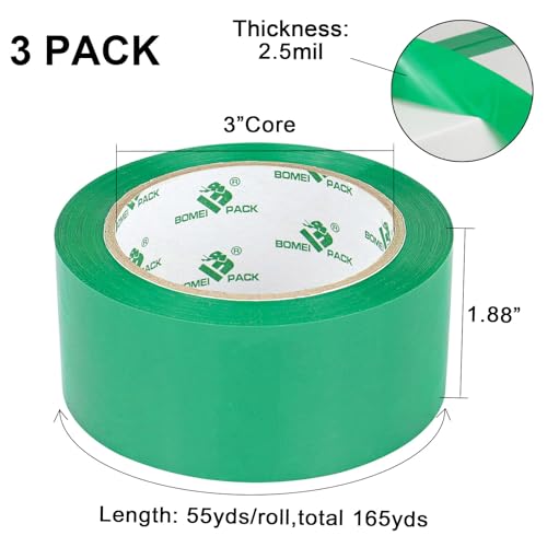BOMEI PACK Green Packing Tape, 1.88 inches Wide,55yds Length per roll, 3 Rolls Heavy Duty Packaging Tape for Shipping Packaging Moving Sealing, 2.5Mil Thick Green Packing Tape - color: green